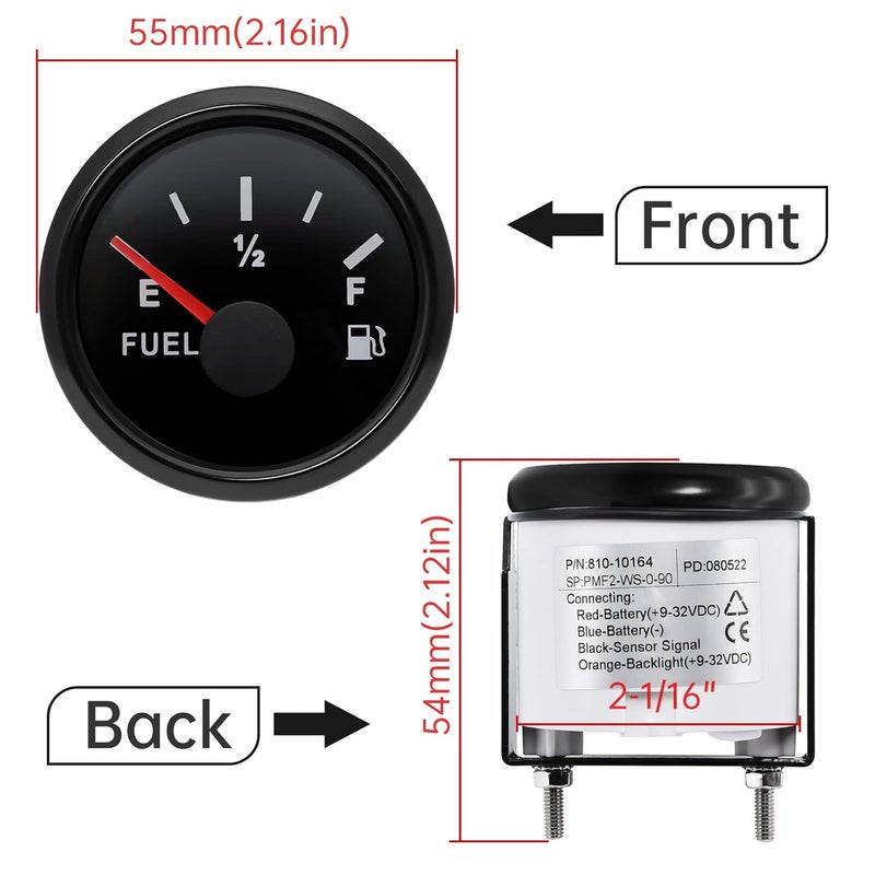 ARTILAURA 0-90 ohm Fuel Gauge 2 inch Boat Fuel Level Gauge Marine Gas Tank Meter for Universal AUTO Car Truck Diesel RV Vehicle (Black) - Image 2
